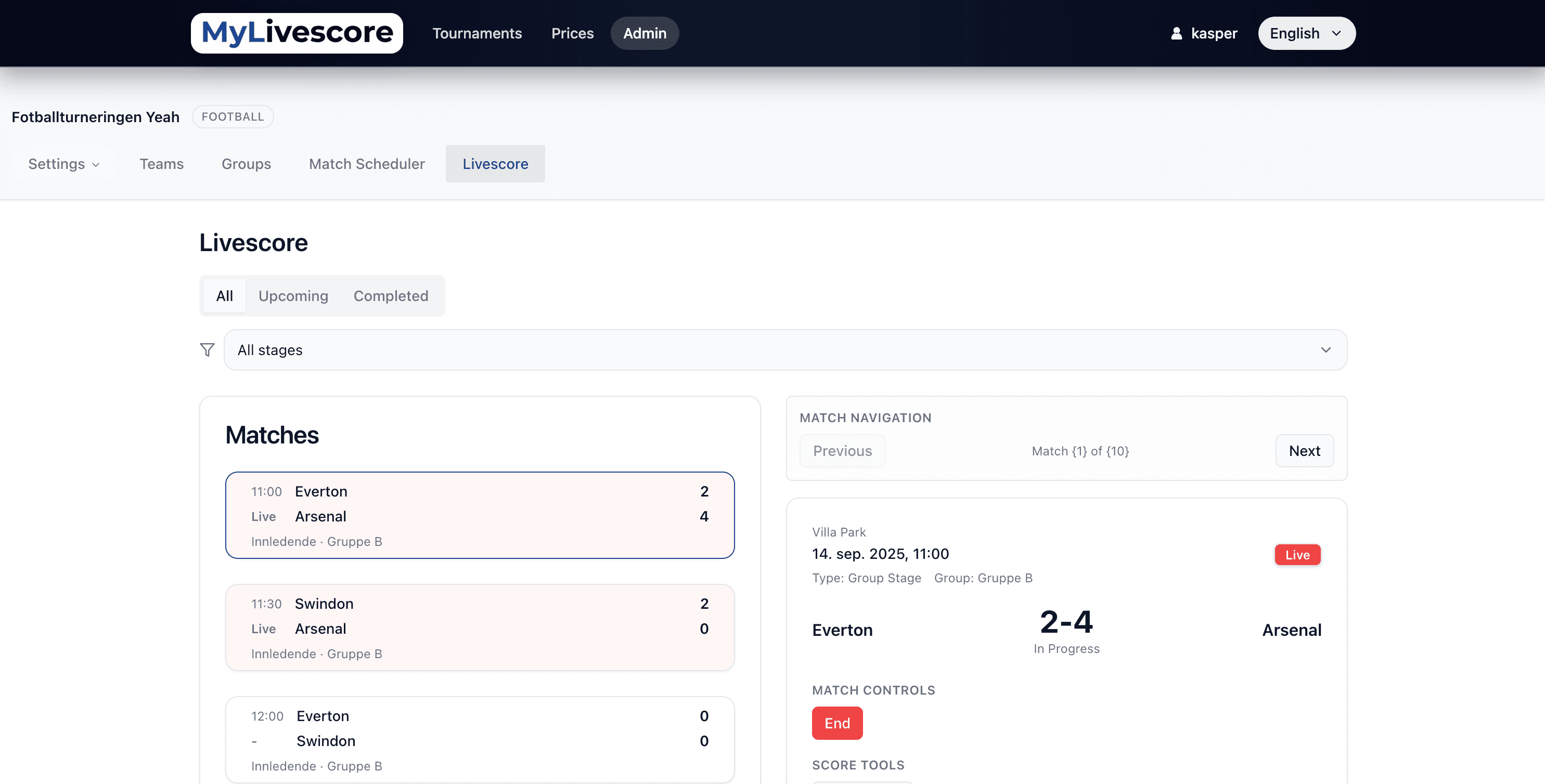 Tournament dashboard interface