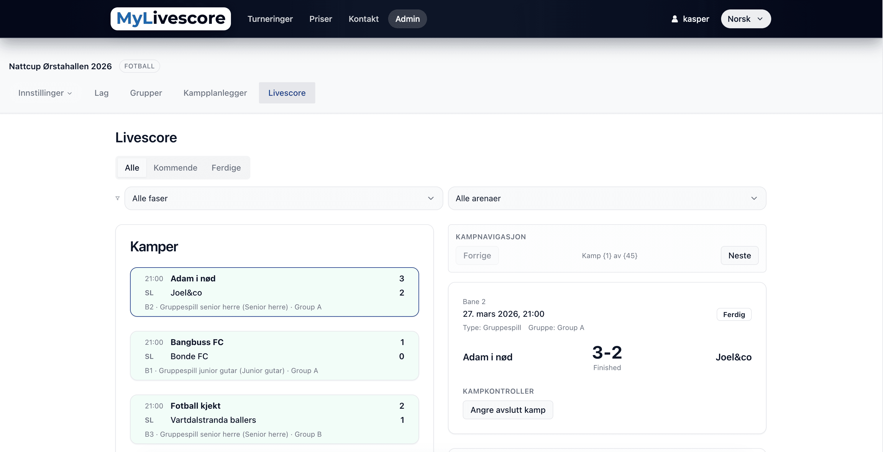 Livescore view in the admin panel