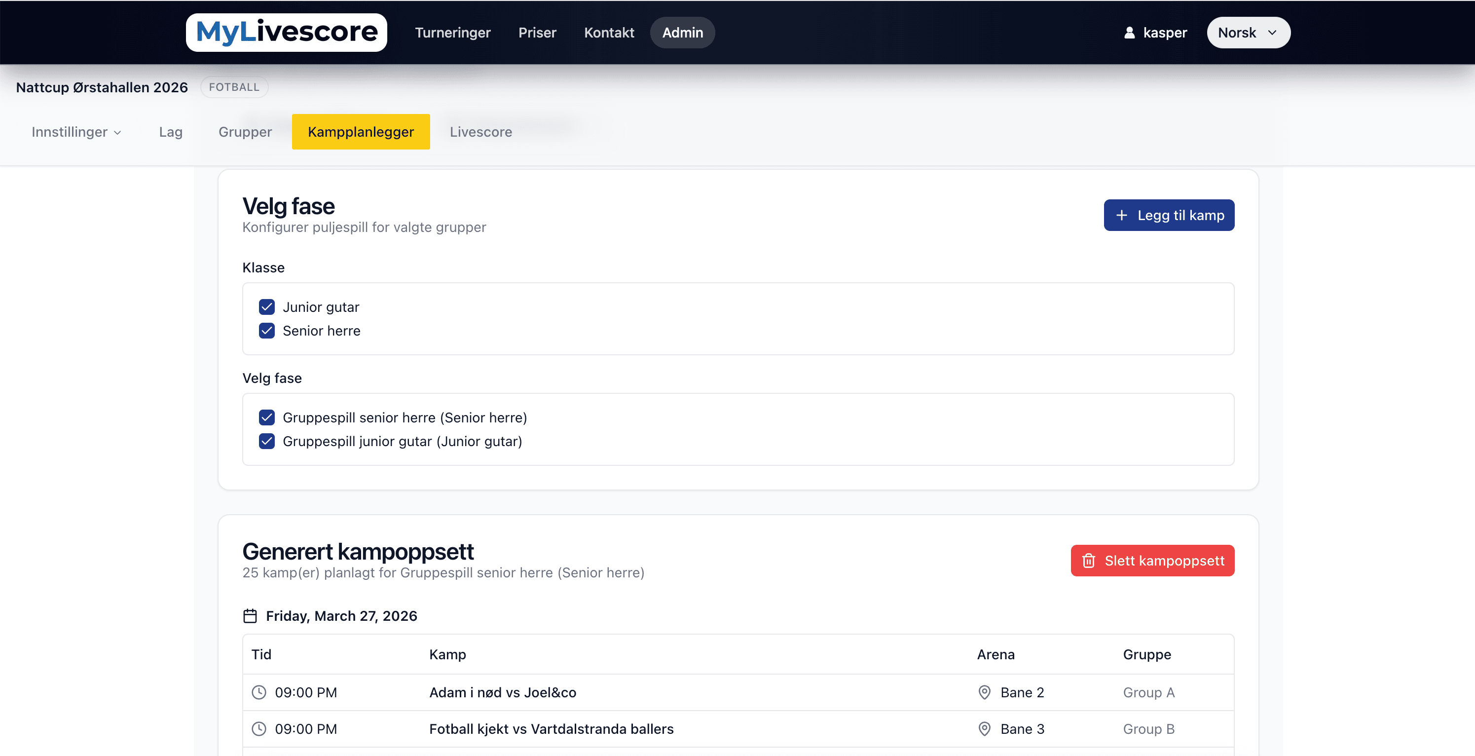 Match scheduler in the admin panel